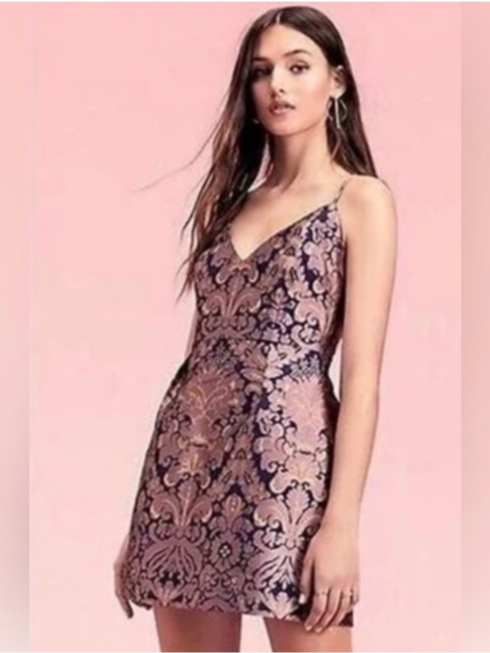 Free People Sleeveless Pink Brocade V-Neck mini Dress